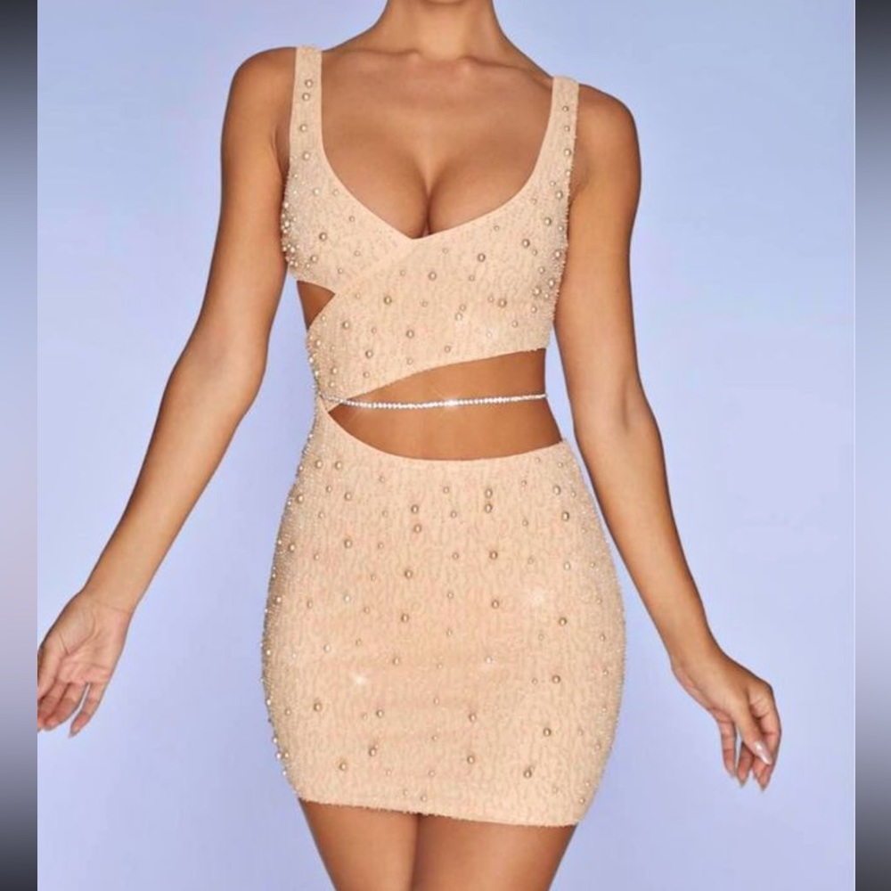 Oh Polly “Epernay” Embellished Cut Out Mini Dress in Sand - Picture 1 of 7